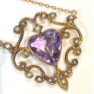 14Kt Yellow Gold Victorian Design Necklace Heart Shaped Amethyst and Seed Pearls
